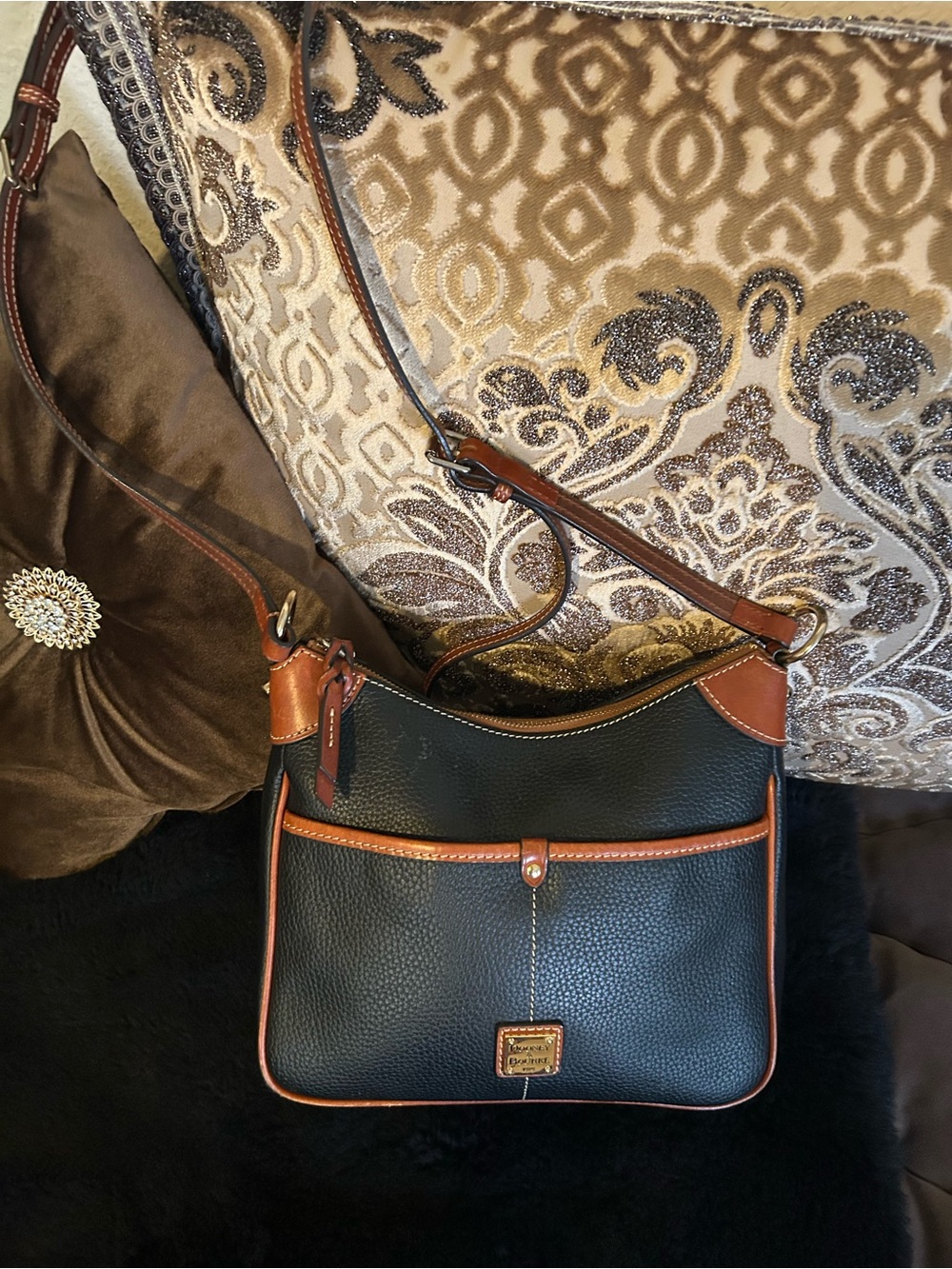 Classic Dooney & Bourke Pebbled Leather Crossbody Bag in Black and Brown